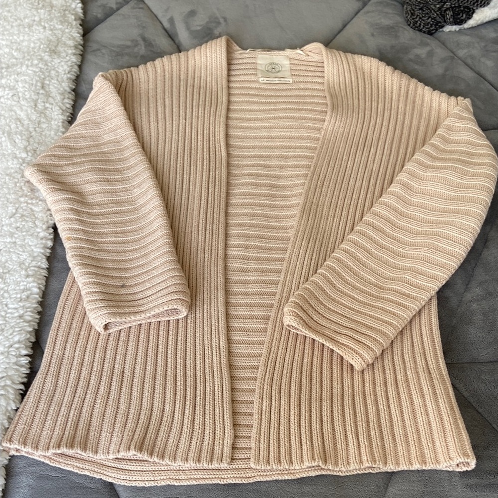Beige Ribbed Open-Front Sweater